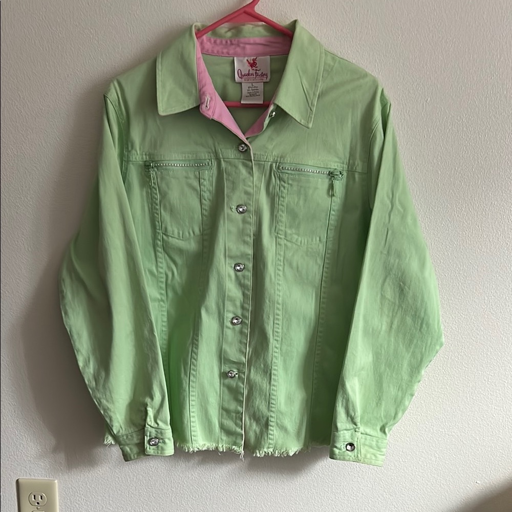 Quacker Factory Green/Pink Sparkle Jewel Detail 90's Vintage Jean Style Jacket